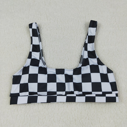 Adult Women Black Checkered Swimming Bra Vest Top