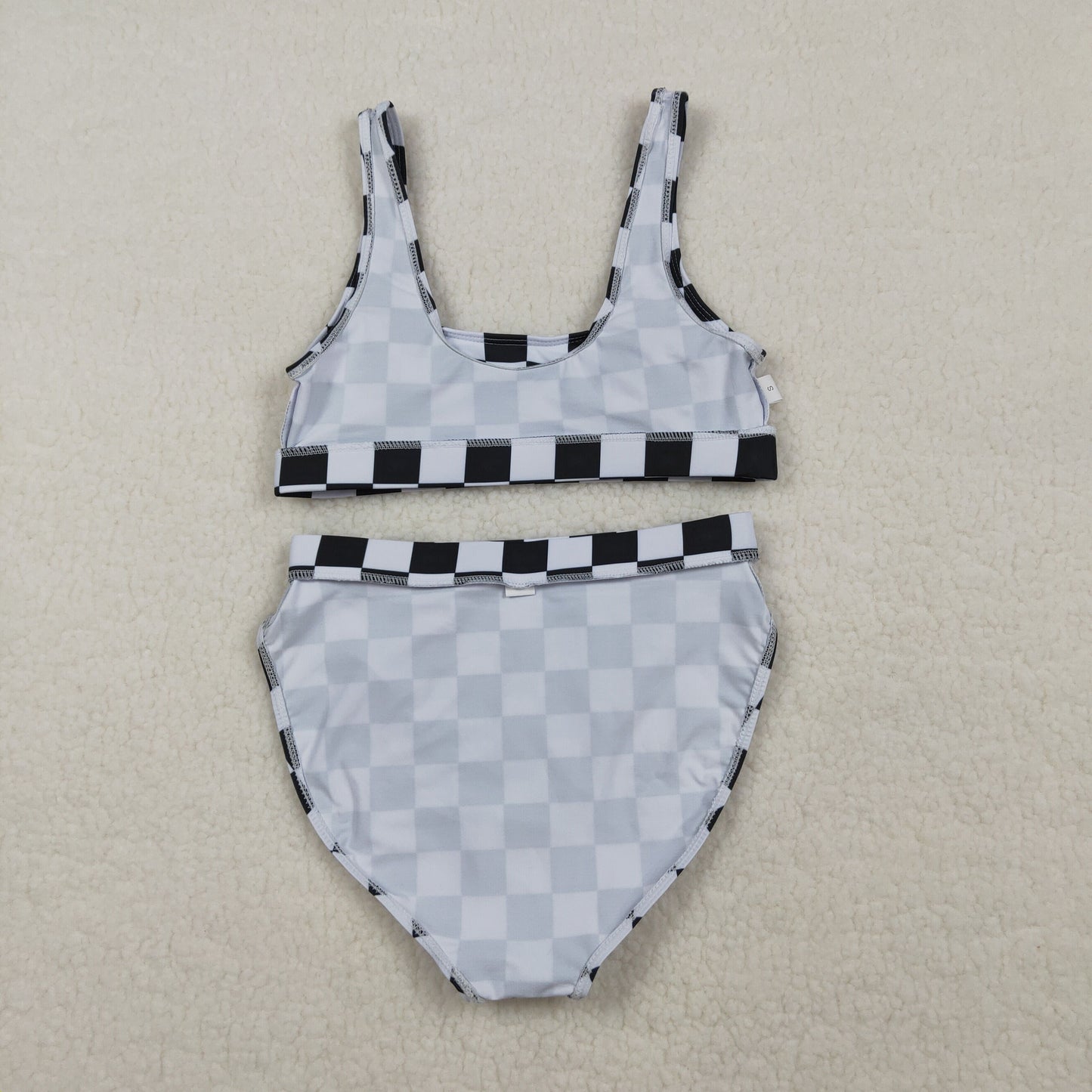 Adult Women Black Checkered Bra Top Bummies Bottom Swimsuits Sets