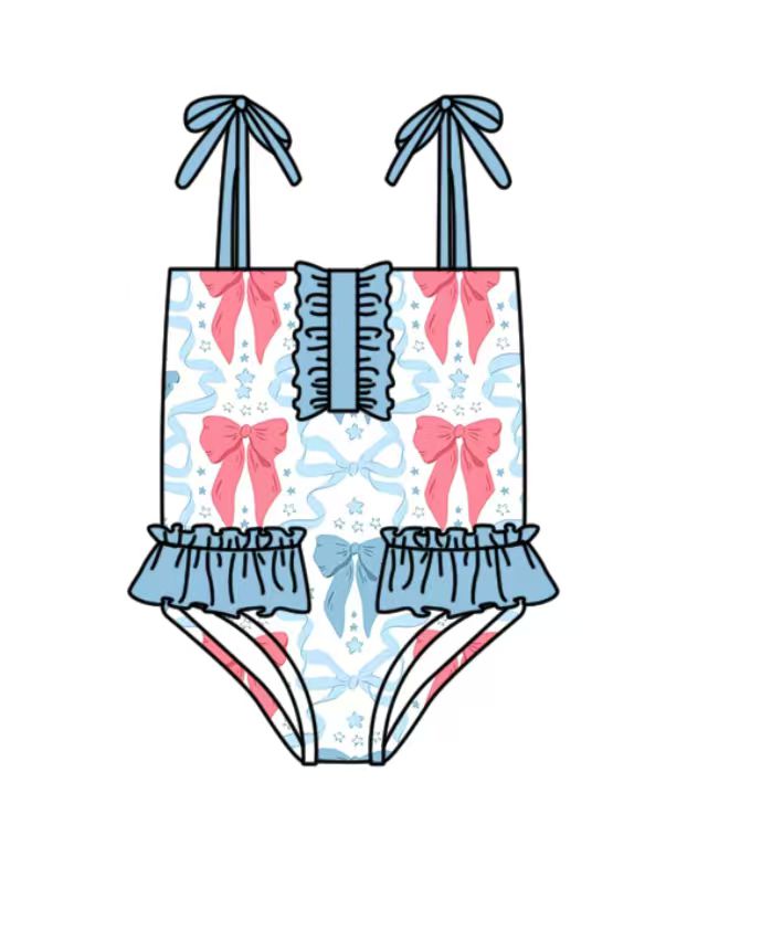 Baby Girls Strap Blue Red Bows 4th of July Swimsuits Preorder