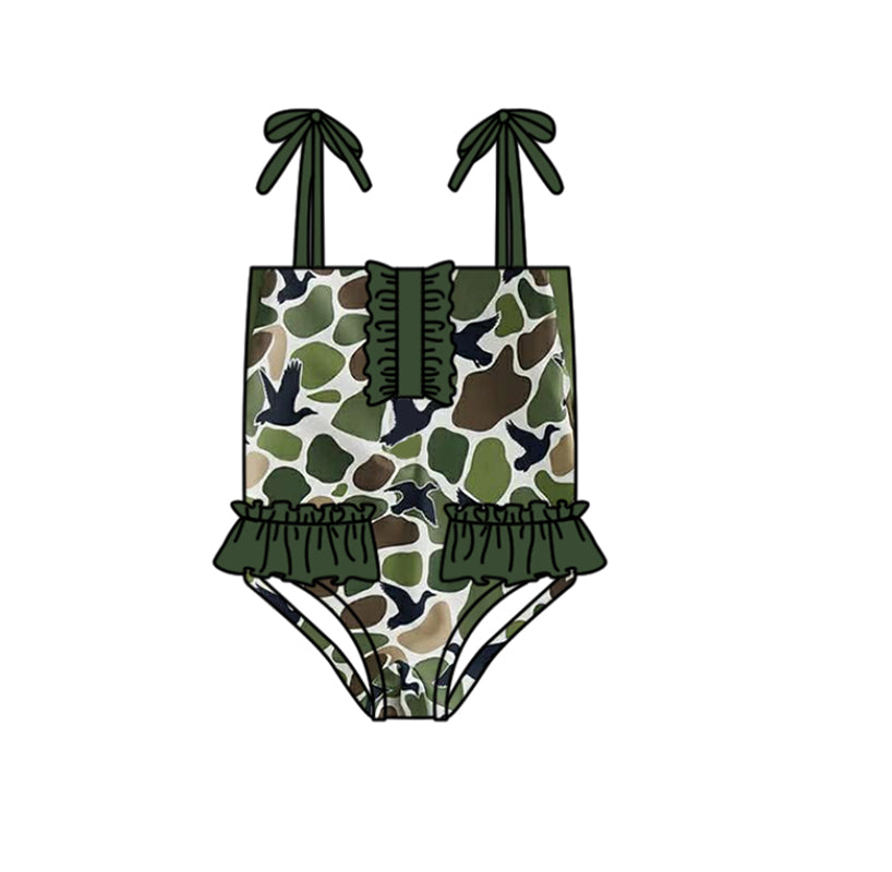 Baby Girls Strap Southern Green Camo Ducks Hunting Swimsuits Preorder