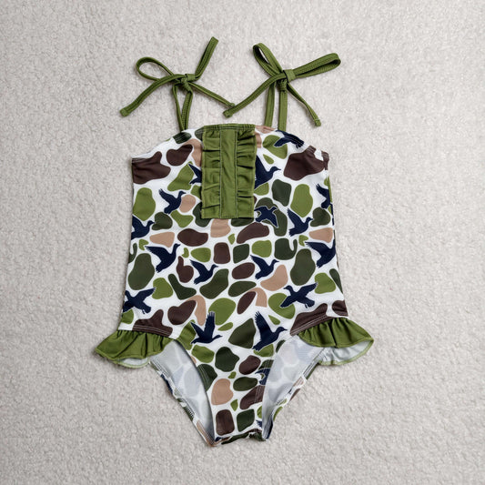 Sibling Baby Kids Green Brown Ducks Camo Hunting Romper Swimsuits
