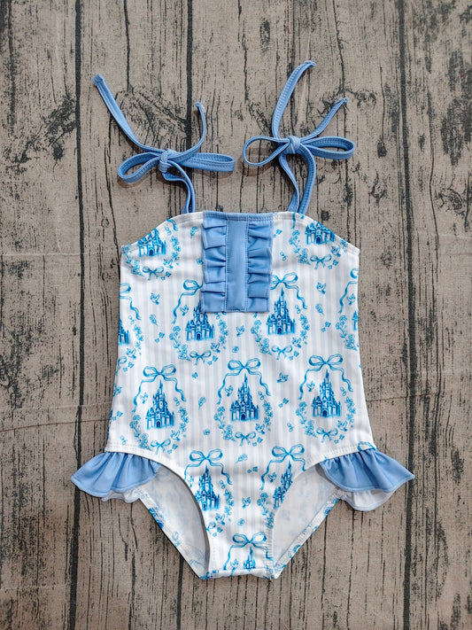 Baby Girls Strap Blue Stripe Bows Castles Swimsuits