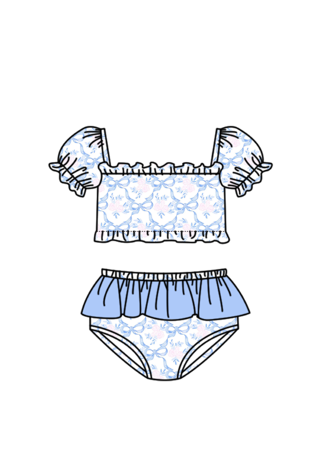 Baby Girls Blue Bows Flowers Checked Top Bummies Swimsuits Preorder
