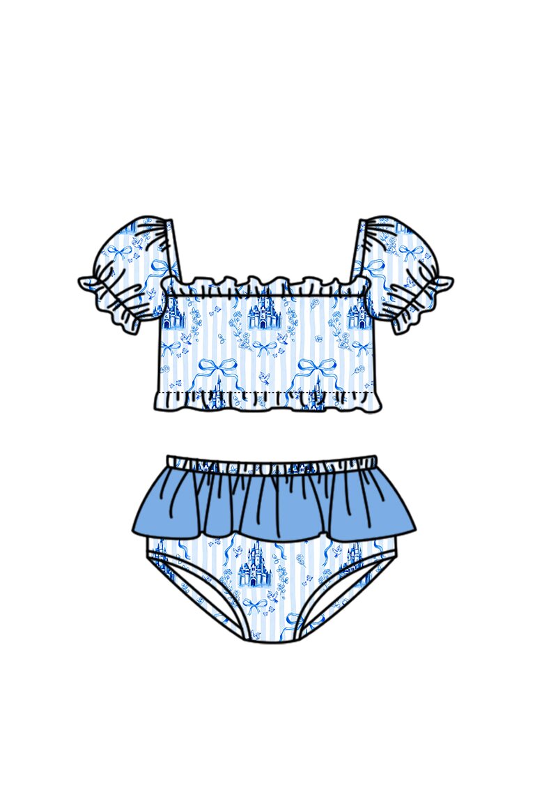 Baby Girls Blue Stripe Bows Castles Top Bummies Swimsuits Preorder