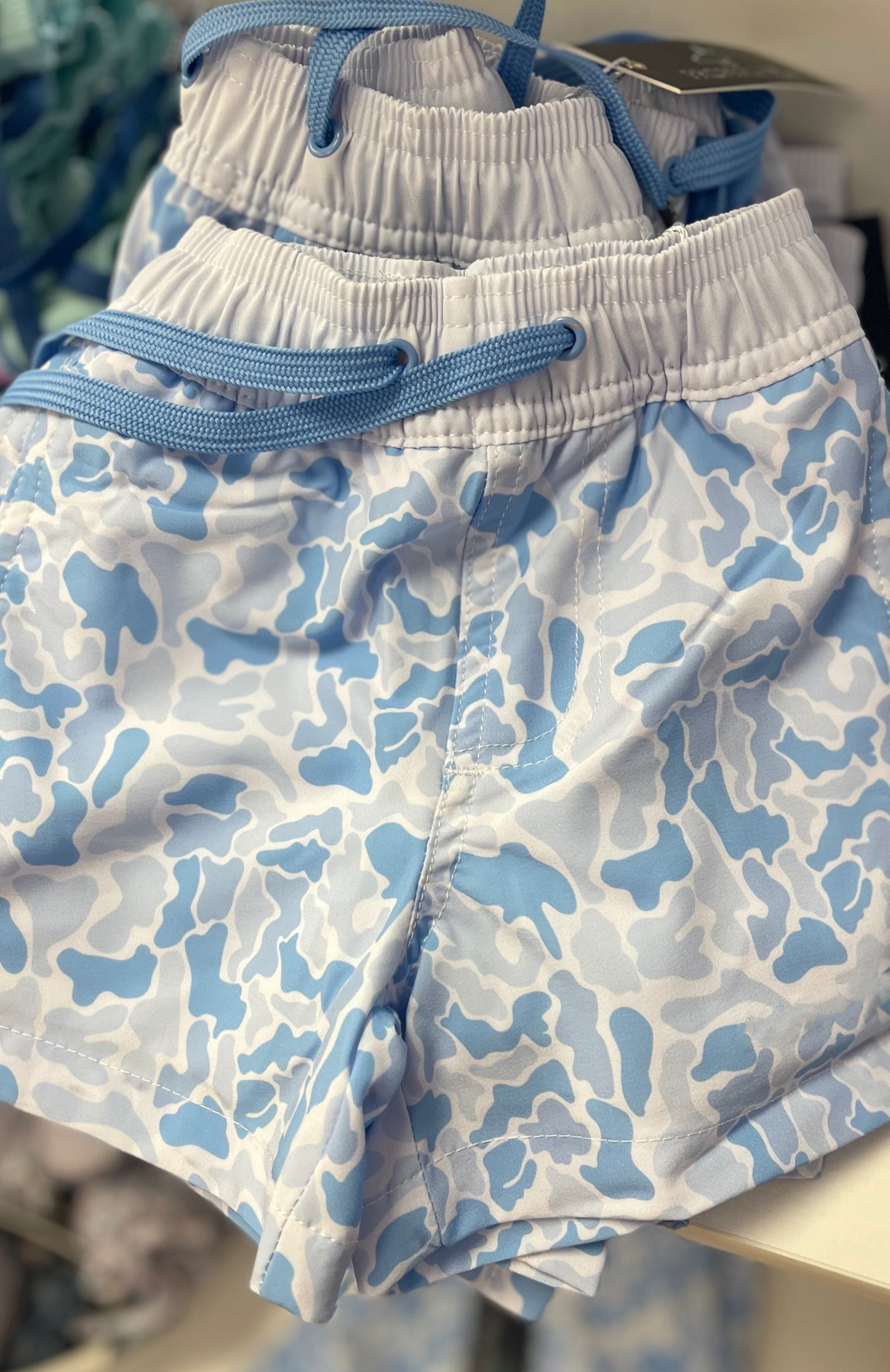 Preorder moq 5 Baby Boys Southern Light Blue Camo Pockets Swimming Trunks Bottom