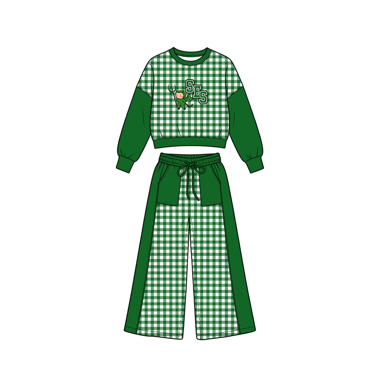 Preorder (moq 5)Baby Girls SES Tops Pockets Pants School Team Clothes Sets