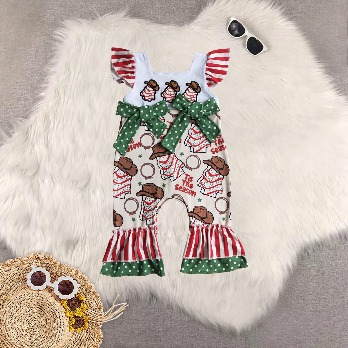 Sibling Baby Girls Green Button Tunic Christmas Trees Bell Bottom Pant Sets Rompers