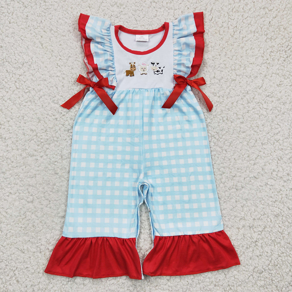 Sibling Baby Girls Cow Animal Farm Plaid Rompers Outfits Suits