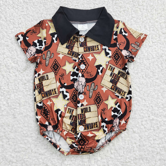 Sibling Baby Boys Western Buttons Short Sleeve Rompers