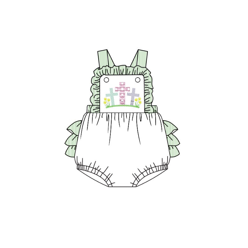 Preorder moq 5 Baby Infant Girls Ruffle Cross Easter Bubble Rompers