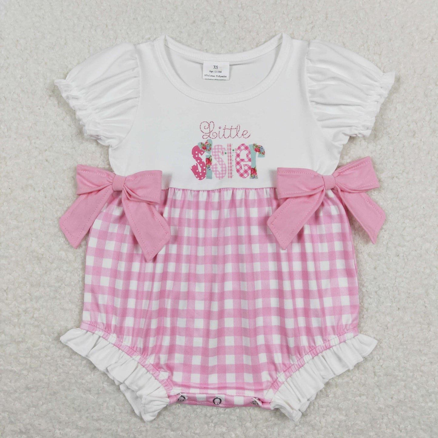 USA Shop Baby Girls Short Sleeve Little Sister Pink Checked Bows Ruffle Rompers