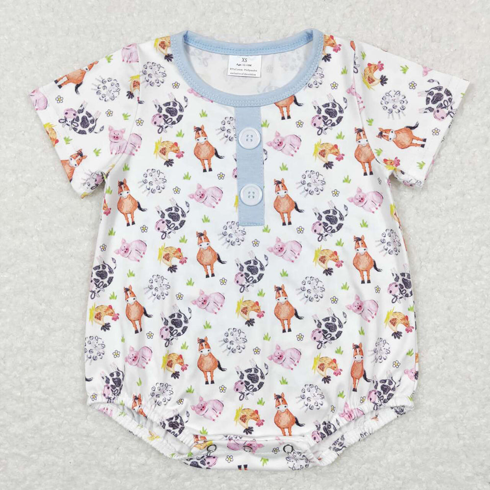 Sibling Baby Boys Cows Horse Blue Farm Rompers Outfits