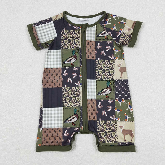 Sibling Baby Boys Hunting Duck Short Sleeve Zip Rompers