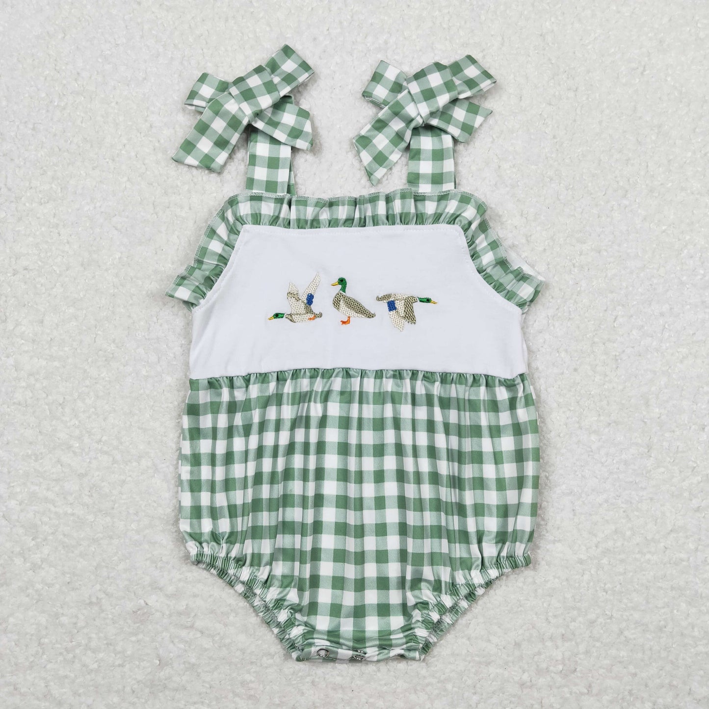 USA Shop Baby Infant Girls Green Checkered Duck Straps Rompers