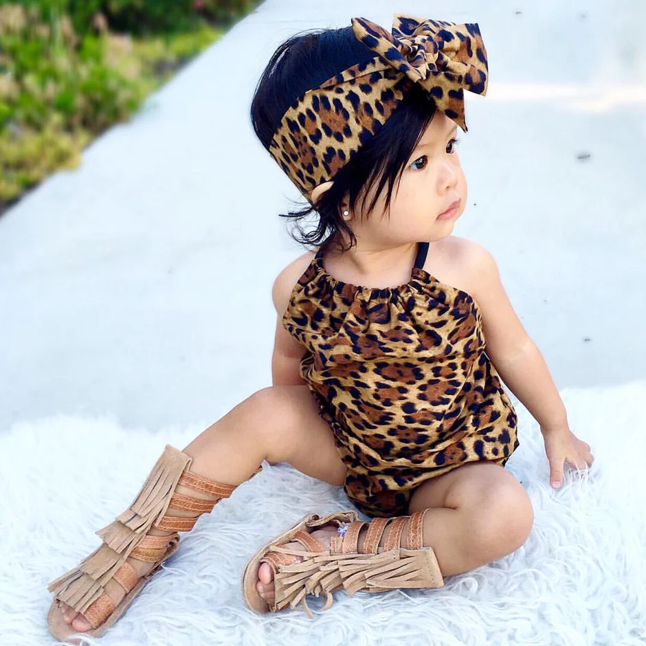 Preorder moq 5 Baby Infant Girls Leopard Brown Halter Rompers