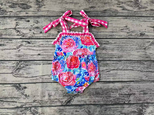 Baby Infant Girls Blue Pink Flowers Straps Rompers