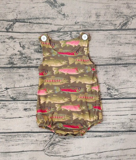 Baby Infant Boys Dark Green Fish Summer Sleeveless Rompers