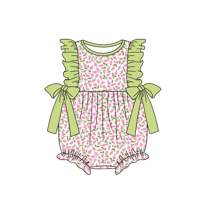 Baby Infant Girls Pink Green Flowers Bows Rompers preorder