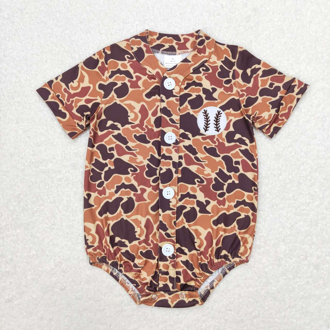 Embroidery Baseball Baby Boys Brown Camo Button Team Short Sleeve Shirts Tops Rompers