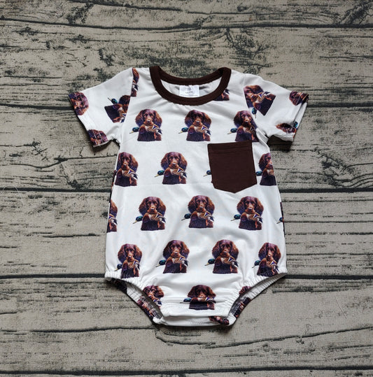 Baby Infant Boys Dog Hunting Short Sleeve Pocket Rompers