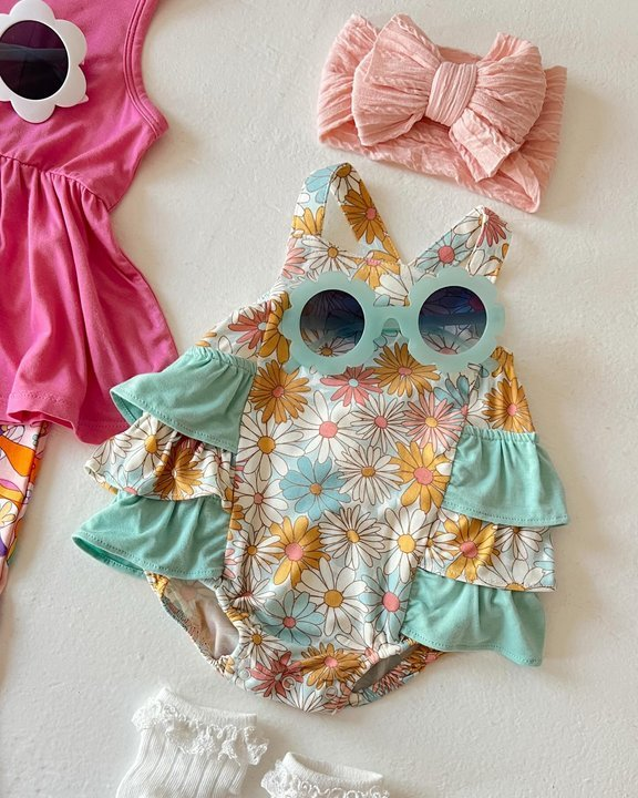 Baby Infant Girls Blue Flowers Ruffle Straps Rompers preorder