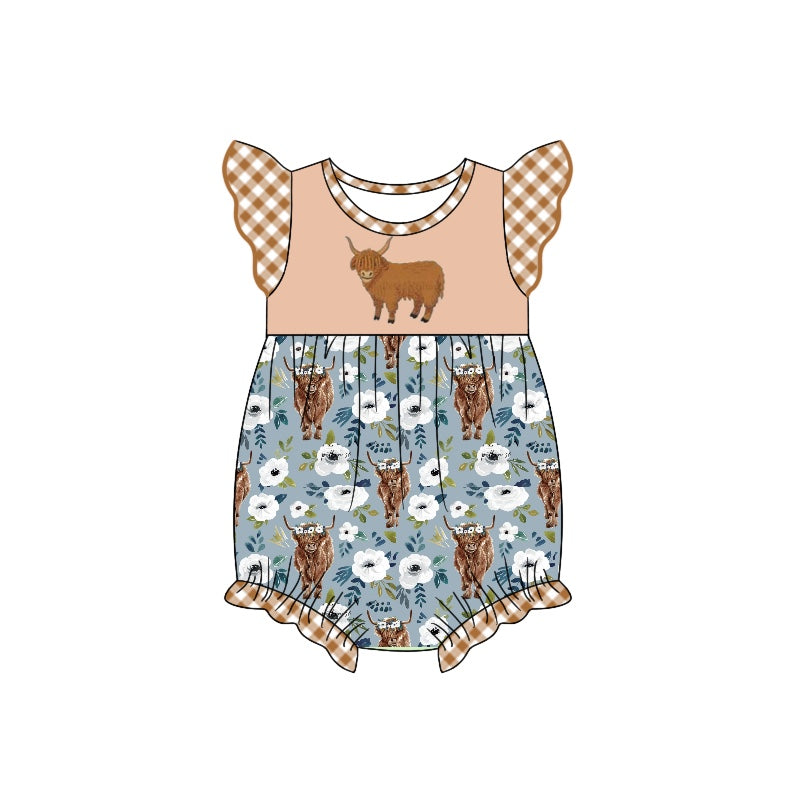 Baby Infant Girls Highland Cow Flutter Sleeve Flowers Rompers preorder