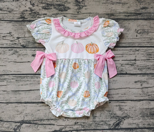 Baby Infant Toddler Girls Bows Pumpkin Leaves Short Sleeve Rompers