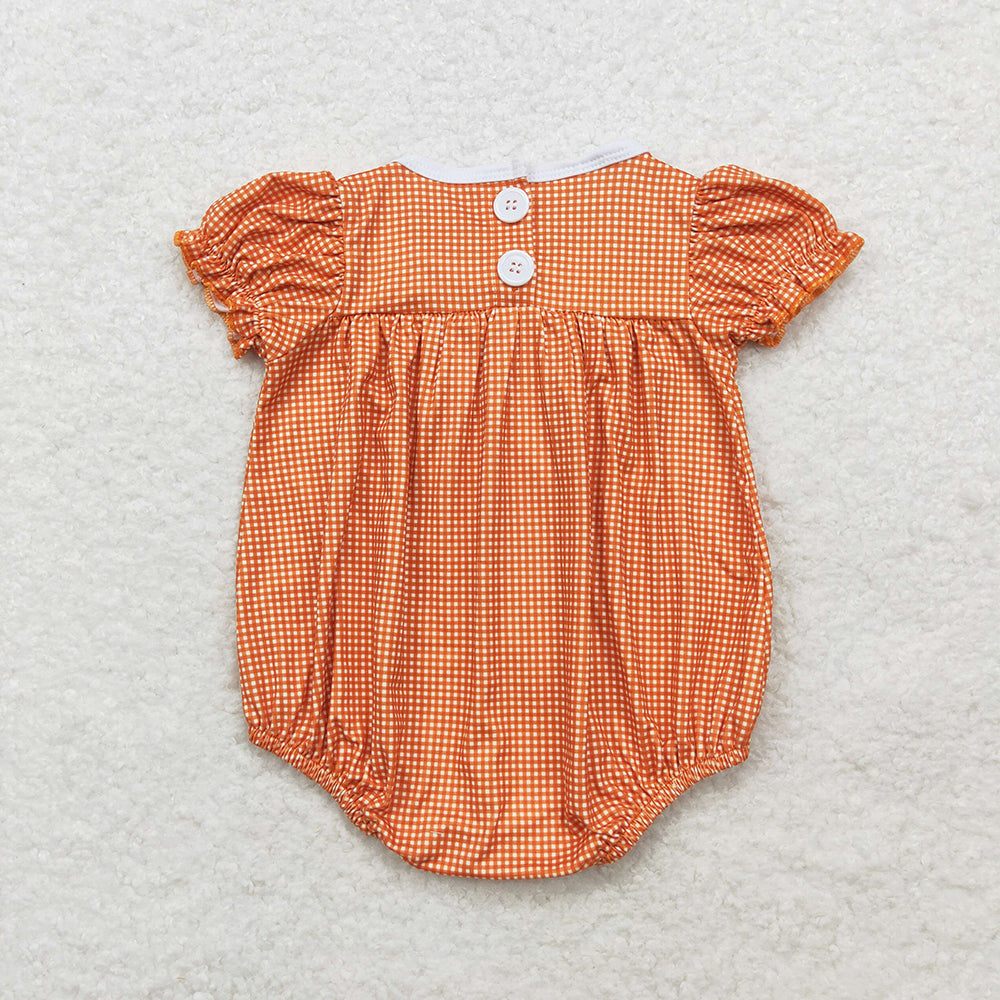 Baby Infant Girls Fall Orange Checkered Pumpkin Short Sleeve Rompers