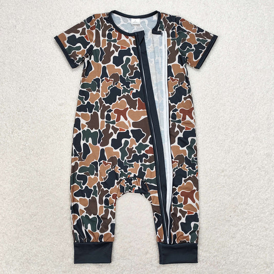 Baby Infant Boys Brown Camo Zip Bamboo Rompers