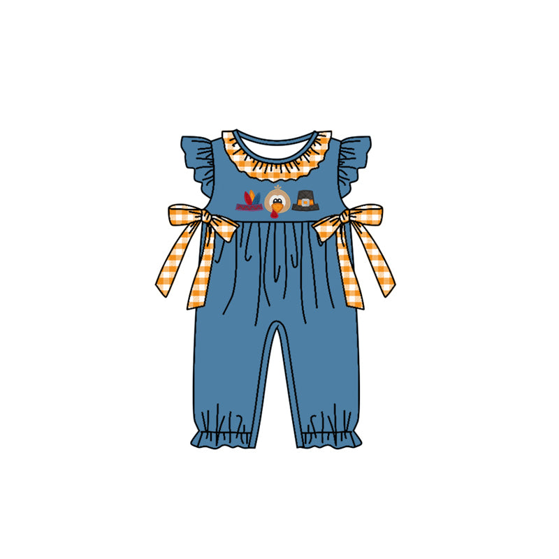 Preorder moq 5 Baby Infant Girls Thanksgiving Turkeys Bows Footie Rompers