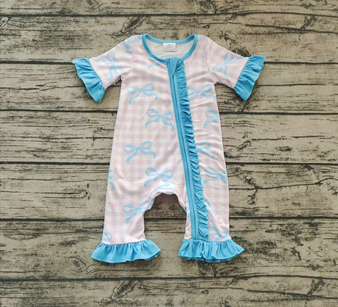 Baby Infant Girls Pink Checkered Bows Ruffle Zip Rompers