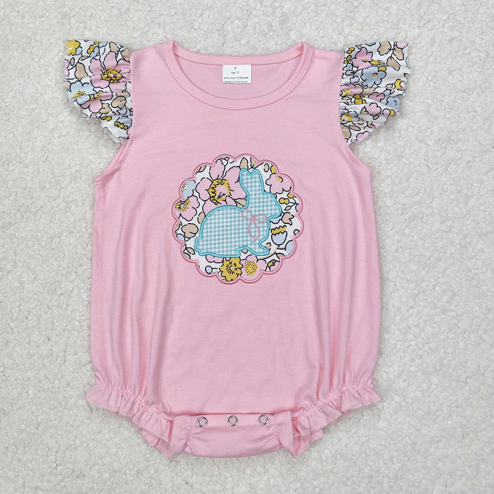 Embroidery Baby Infant Girls Easter Bunny Pink Floral Rompers