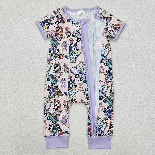 Baby Infant Girls Purple Dog Easter Rabbits Zip Rompers