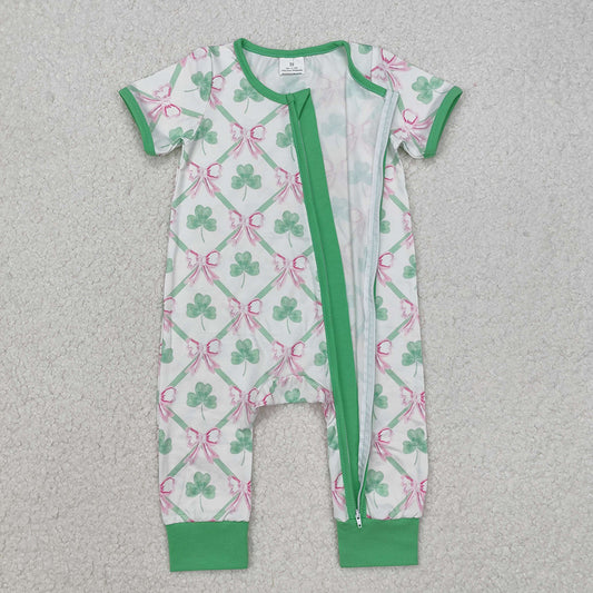 Baby Infant Girls St Patrick Quatrefoil Bows Zip Rompers