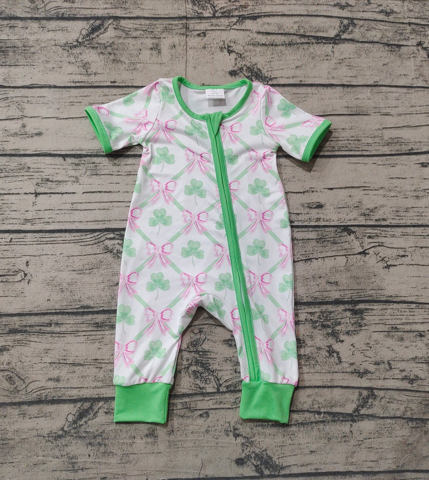 Baby Infant Girls St Patrick Quatrefoil Bows Zip Rompers
