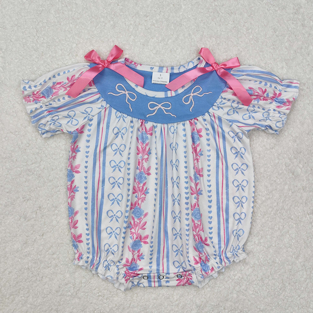 Baby Infant Girls Blue Pink Bows Short Sleeve Rompers