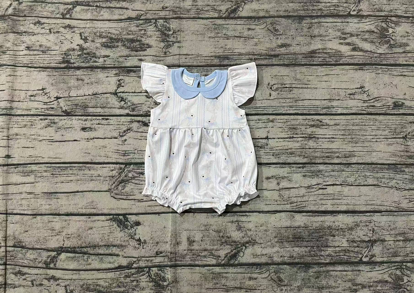 Baby Infant Girls Easter Blue Rabbits Flutter Sleeve Rompers