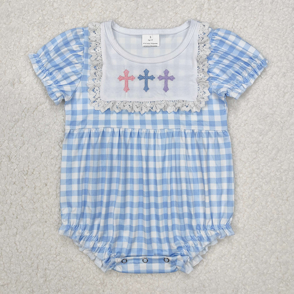 Baby Infant Girls Easter Blue Checkered Cross Rompers