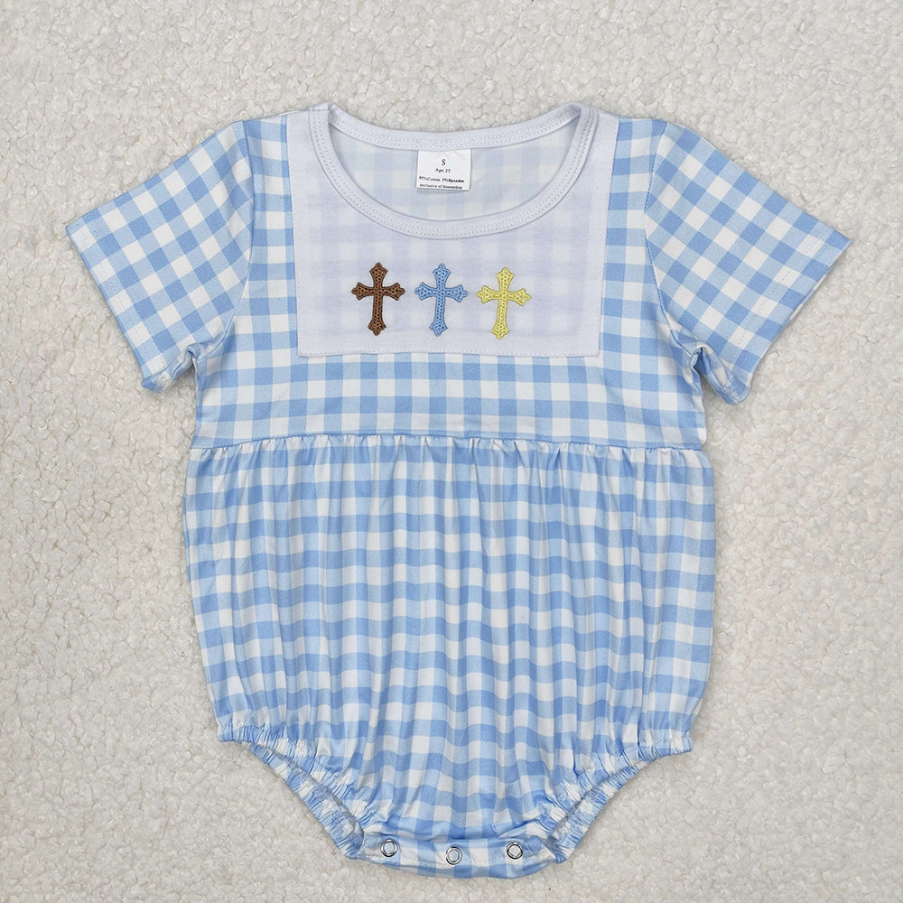 Baby Infant Boys Easter Blue Checkered Cross Rompers