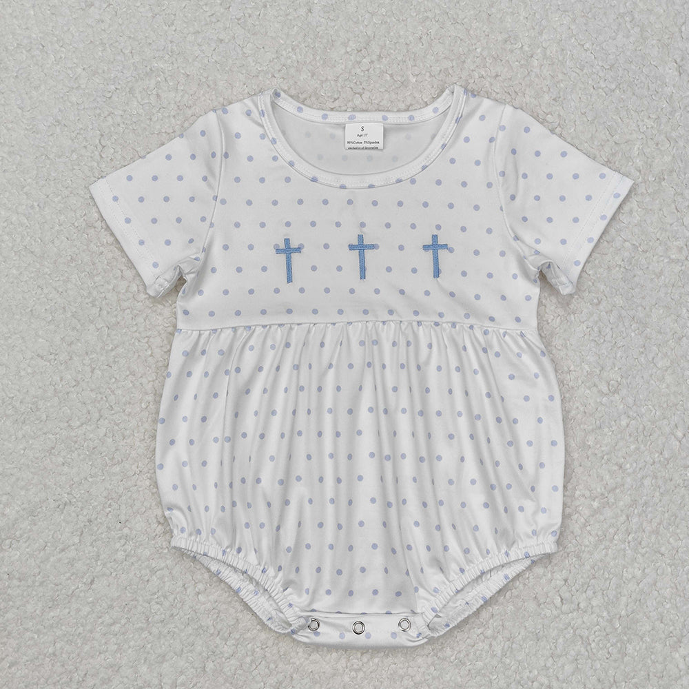 Baby Infant Boys Blue Dots Cross Easter Rompers