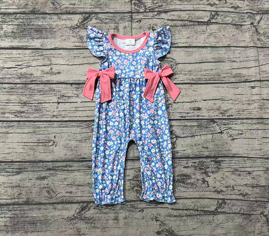 Baby Infant Girls Navy Pink Flowers Bows Flutter Sleeve Rompers