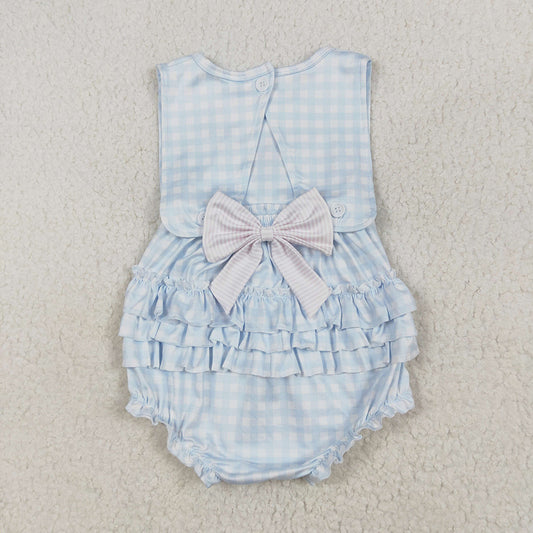 Baby Infant Girls Blue Checkered Bows Sleeveless Rompers