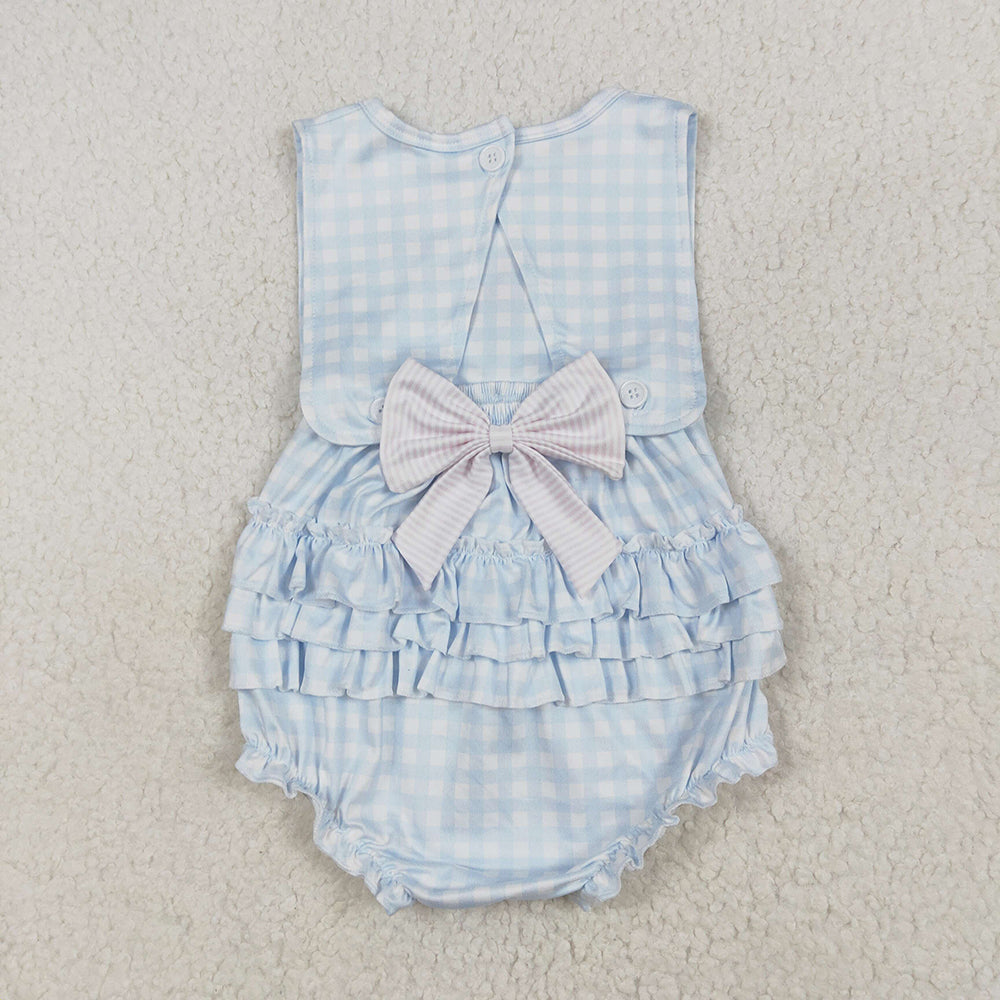 Baby Infant Girls Blue Checkered Bows Sleeveless Rompers