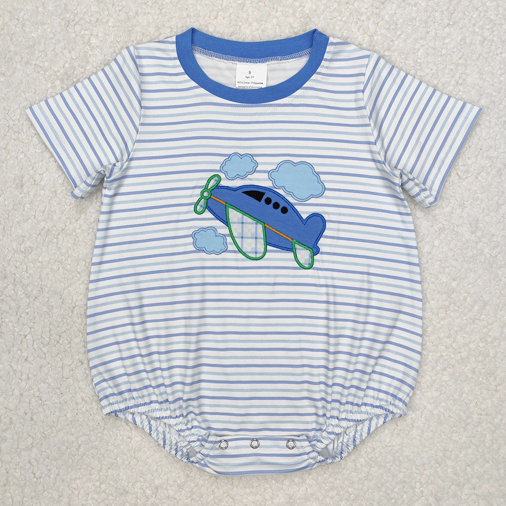 Embroidery Baby Infant Boys Plane Stripes Short Sleeve Rompers