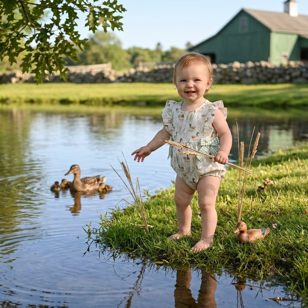 Baby Girls Sleeveless Green Mallard Ducks Bubbles Rompers
