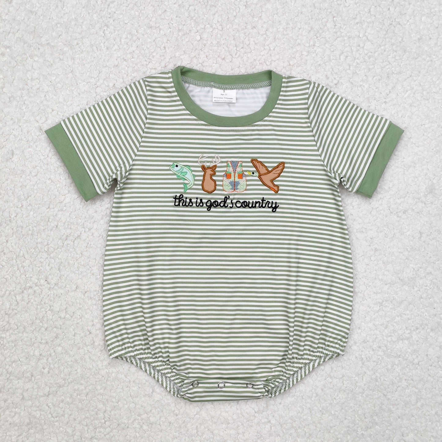 USA Shop Baby Boys Embroidery Ducks Deer Fish Green Stripe Hunting Rompers