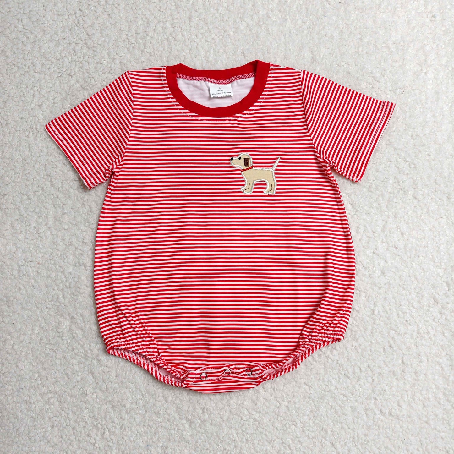 Embroidery Dog Baby Boys Red Stripes Short Sleeve Rompers