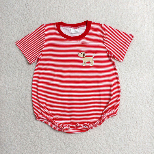 Embroidery Dog Baby Boys Red Stripes Short Sleeve Rompers