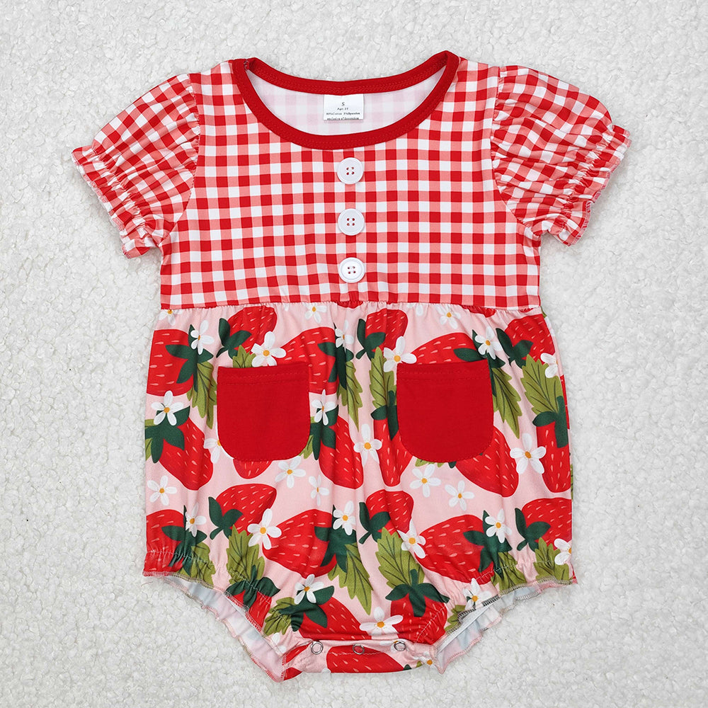 Sibling Baby Girls Red Checkered Strawberry Rompers Dresses Outfits