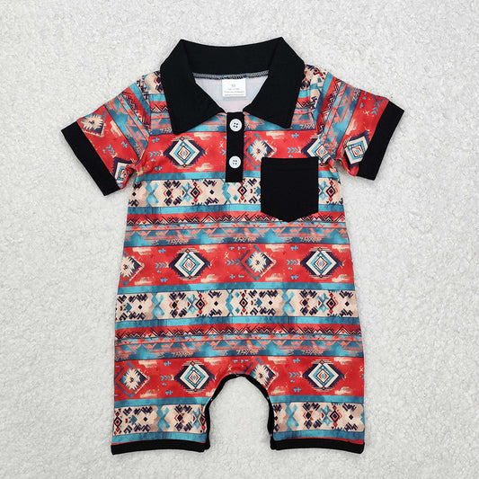 Baby Infant Boys Western Aztec Black Pocket Rompers